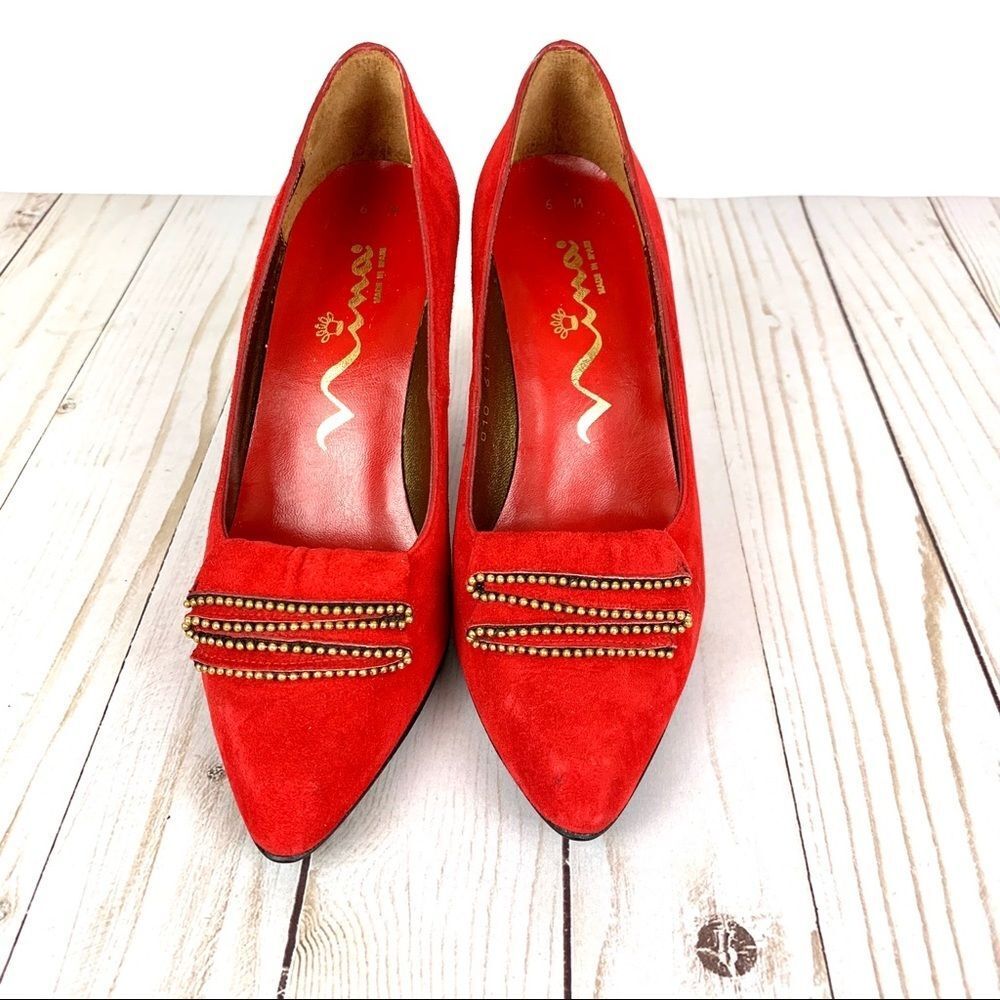 HP 🏆 RARE Nina Zippered Victorian Style Ruffle Red Suede Pumps Size 6M